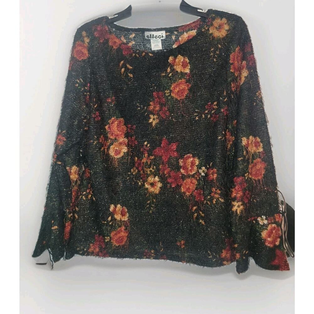 Black Floral Women's Top L Boho Indie Folk Peasant Reniassance 90s Whimsical